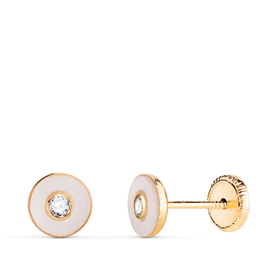 18K PENDIENTES ORO AMARILLO REDONDOS NACAR CON CIRCONITA. MEDIDA: 5,5MM. CIERRE TUERCA
