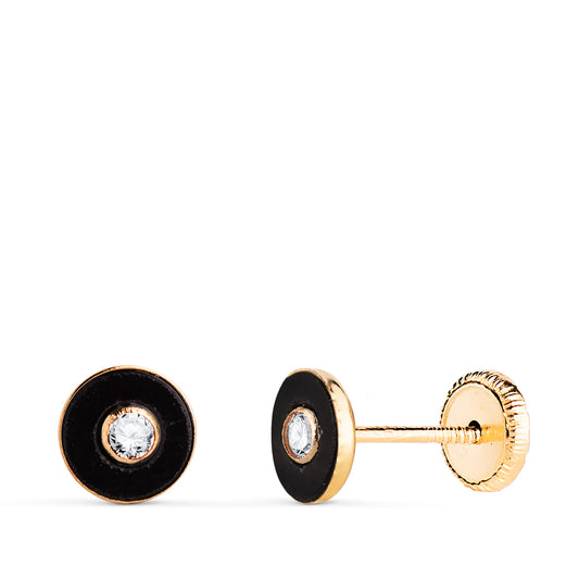Pendientes Redondos Onix con Circonita. Medida: 5,5 mm. Cierre Tuerca de oro amarillo 18K