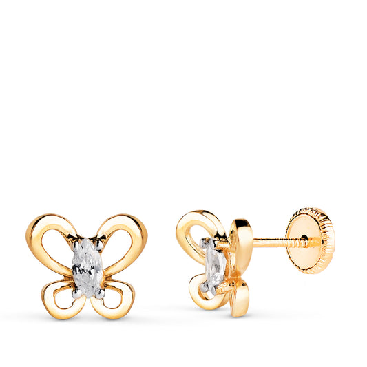 Pendientes Mariposa con Circonitas Marquise. Medida: 8 x 7 mm. Cierre Tuerca de oro amarillo 18K