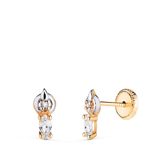 Pendientes Bicolor Motivo con Circonitas. Medida: 8 x 4 mm. Cierre Tuerca 18K