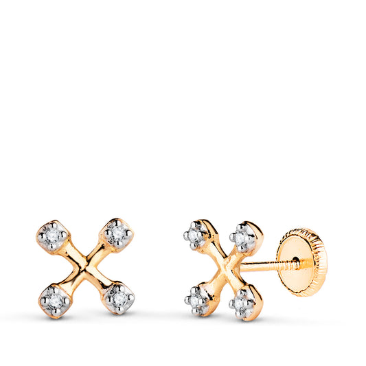 Pendientes Bicolor Cruz con Circonitas. Medida: 6,5 x 6,5 mm. Cierre Tuerca 18K