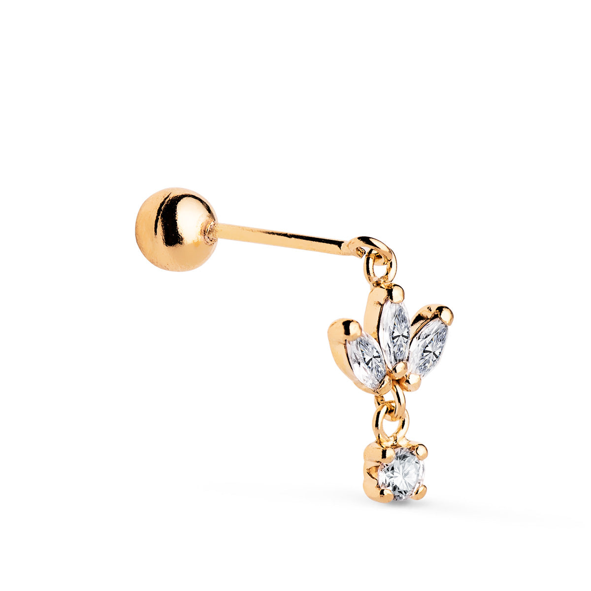 Piercing de Oreja con 4 Circonitas. Medida: 12 x 7 mm. Cierre Bola 4 mm de oro amarillo 18K