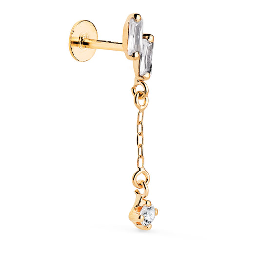 18K PIERCING DE OREJA ORO AMARILLO CON 2 CIRCONITAS BAGUETTE Y CADENA. GRUESO BARRA 1.20 MM. MEDIDA: 24 X 4 MM. CIERRE TUERCA