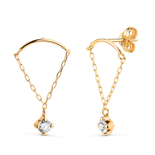 Pendientes Arco con Cadena y Circonita. Medida: 20 x 12 mm. de oro amarillo 18K