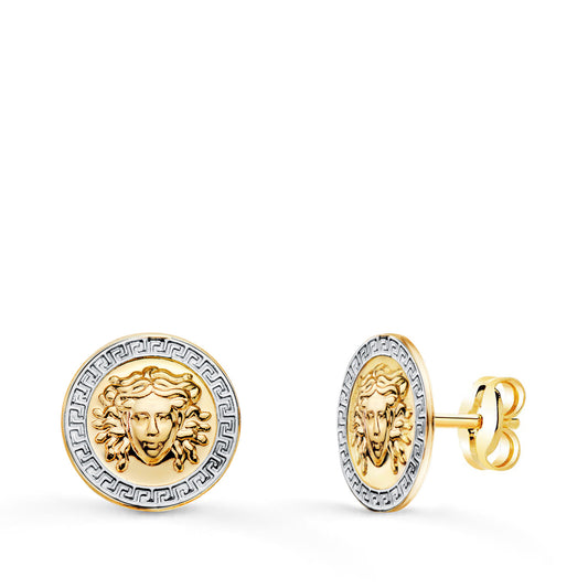 Pendientes Bicolor Medusa y Borde de Greca 10 mm 18K
