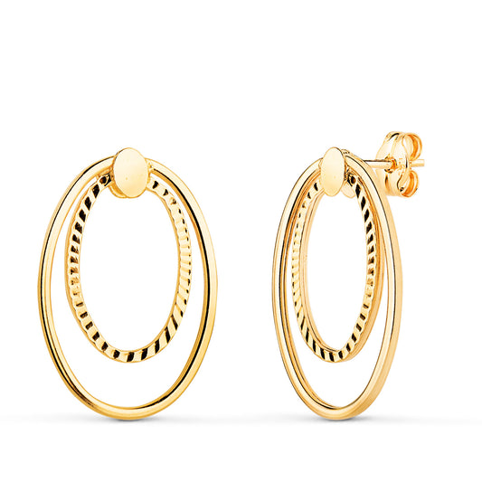 Pendientes Doble Aro Oval Liso y Tallado. Medida: 19 x 13 mm. de oro amarillo 18K