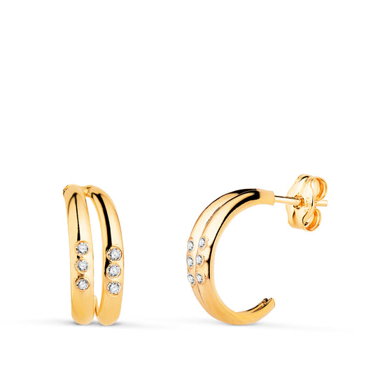 Pendientes Doble Aro Bandas con Circonitas, Medida: 13 x 4,5 mm. de oro amarillo 18K