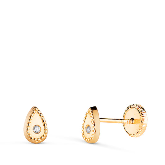 Pendientes Gota con Circonitas y Bordes Bolitas. Medida: 6 x 4 mm. Cierre Tuerca de oro amarillo 18K