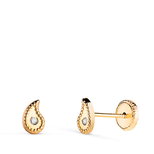 Pendientes Gota Curva con Circonitas y Bordes Bolitas. Medida: 6 x 4 mm.cierre Tuerca de oro amarillo 18K