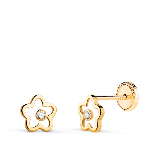 Pendientes Flor Calada con Circonitas. Medida: 6 x 6 mm. Cierre Tuerca de oro amarillo 18K