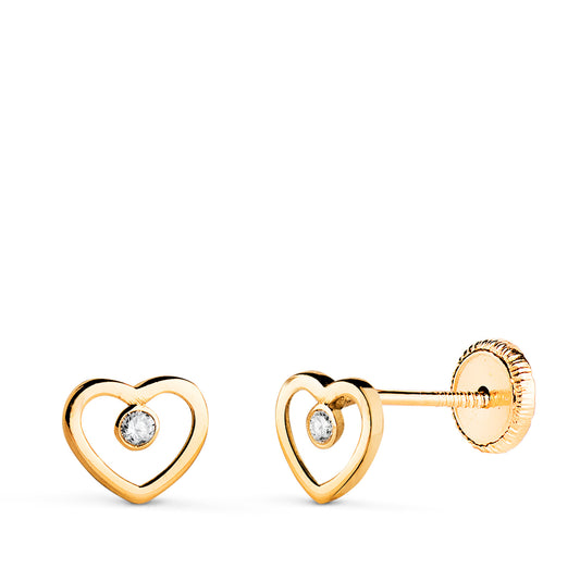 Pendientes Coazon Calado con Circonitas. Medida: 6,5 x 5,5 mm. Cierre Tuerca de oro amarillo 18K