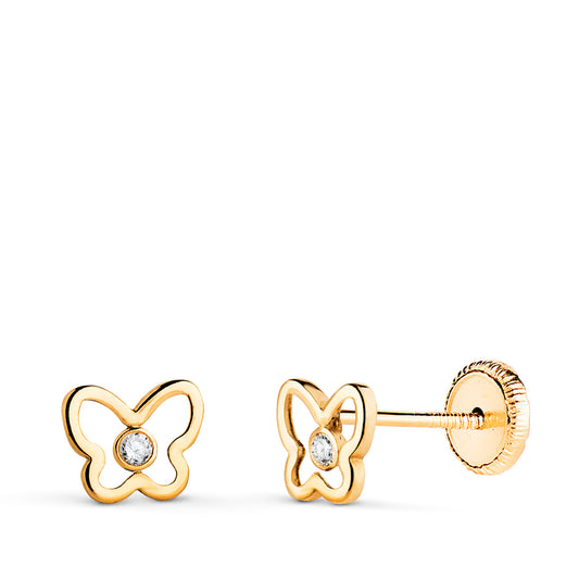 Pendientes Mariposa Calada con Circonitas. Medida: 6,5 x 5 mm. Cierre Tuerca de oro amarillo 18K
