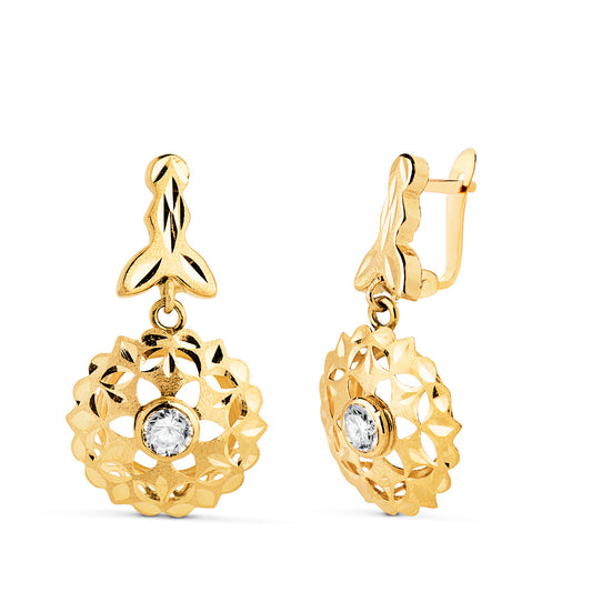 Pendientes Cubanas Talladas con Circonita 26 x 14 mm. de oro amarillo 18K