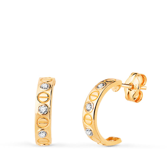 Pendientes Medio Aro Abierto Tornillos y Circonitas en Brillo. Medida: 12 x 3 mm. de oro amarillo 18K