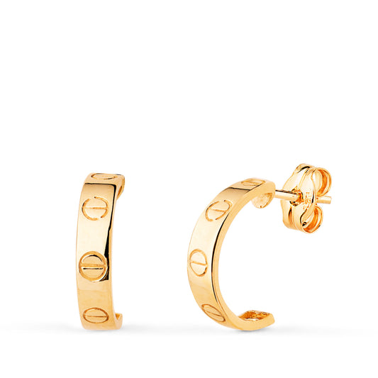 Pendientes Medio Aro Abierto Tornillos en Brillo. Medida: 12 x 3 mm. de oro amarillo 18K