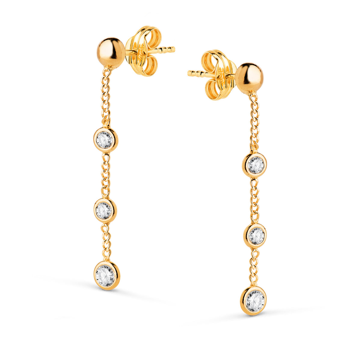 Pendientes Largos con Cadena y circonita en Bocel. Medida: 28 mm de oro amarillo 18K