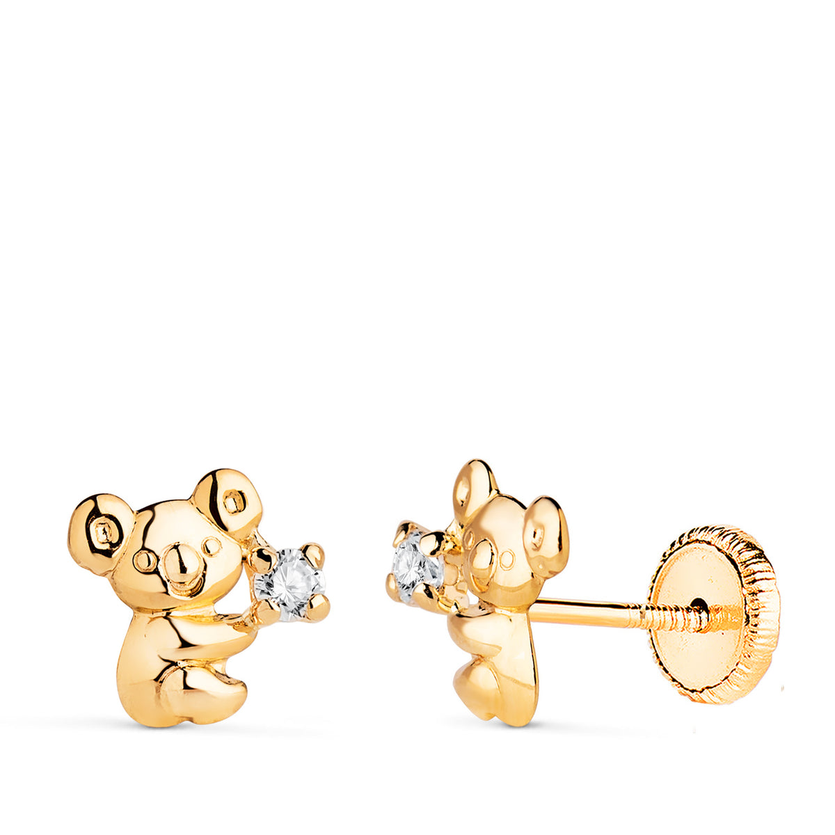 Pendientes Koala con circonita en Brillo. Medida: 7 x 6.5 mm de oro amarillo 18K