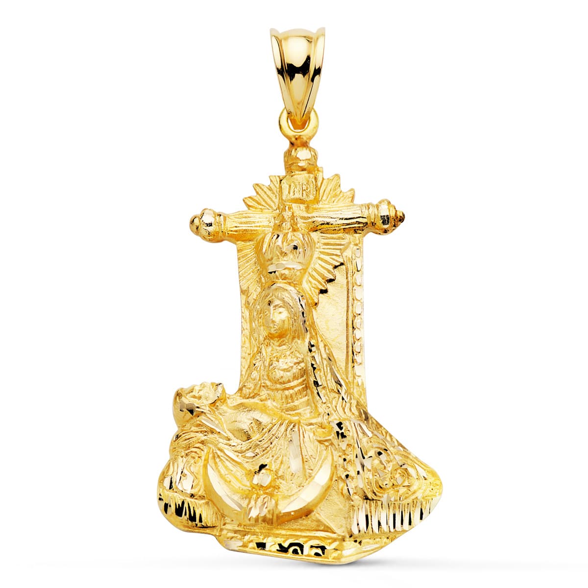 18K MEDALLA ORO AMARILLO VIRGEN DE ANGUSTIAS SILUETA TALLADA 34X22 MM