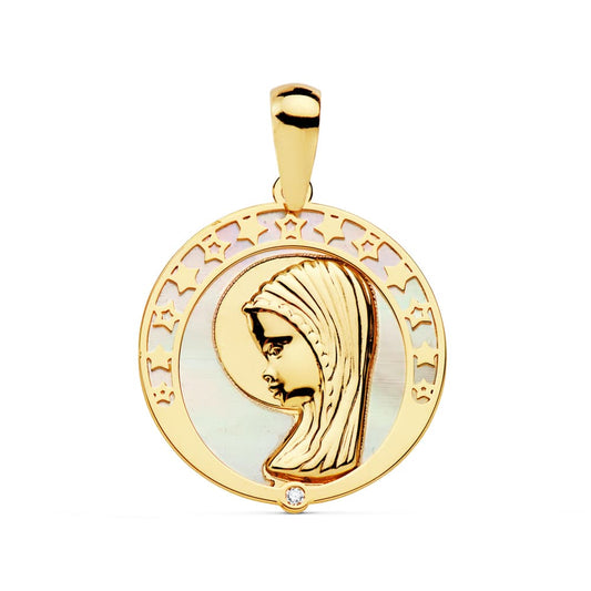Medalla Virgen Niña Nacar Circonita 17 mm de oro amarillo 18K