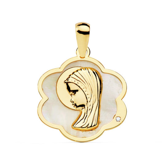 Medalla Flor con Virgen Niña Nacar 18 x 17 mm de oro amarillo 18K