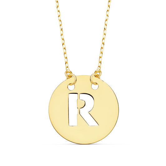 Colgante Letra " R " 15 mm Cadena Forzada 42 cm de oro amarillo 18K