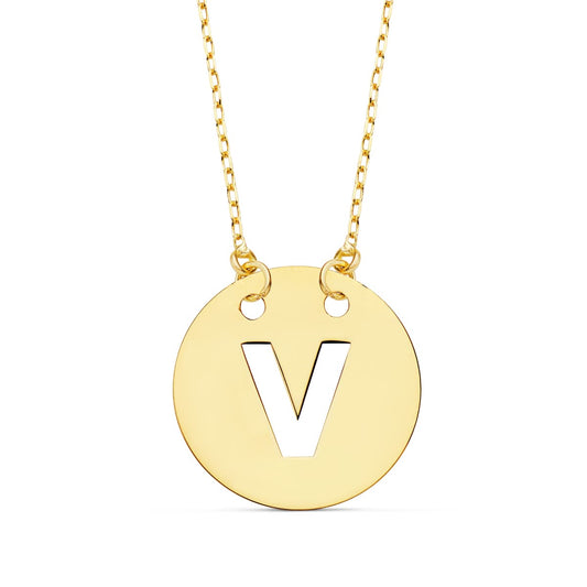 Colgante Letra " V " 15 mm Cadena Forzada 42 cm de oro amarillo 18K