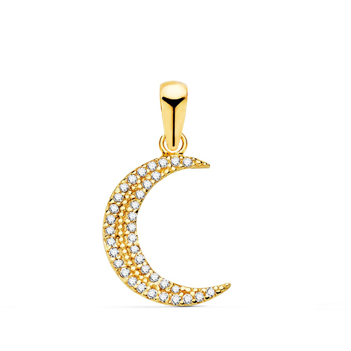 Colgante Amuleto Media Luna con Circonitas. Medida: 15 x 11 mm de oro amarillo 18K