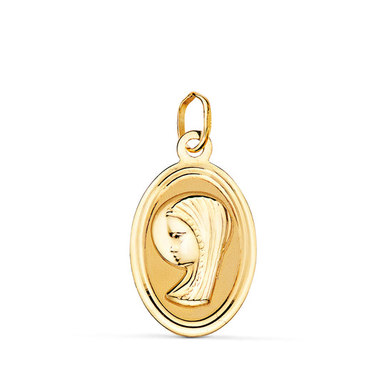 Medalla Oval Virgen Niña con Borde Biselado. 19 x 12 mm de oro amarillo 18K