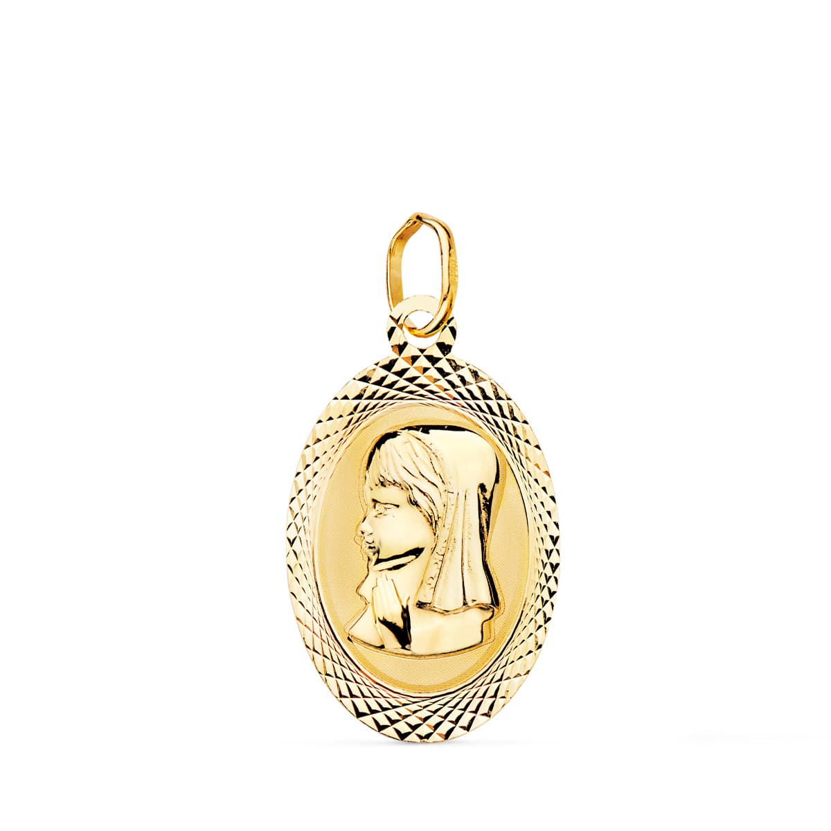 18K MEDALLA ORO AMARILLO VIRGEN NIÑA OVAL TALLADA BRILLO Y MATE 18X12 MM