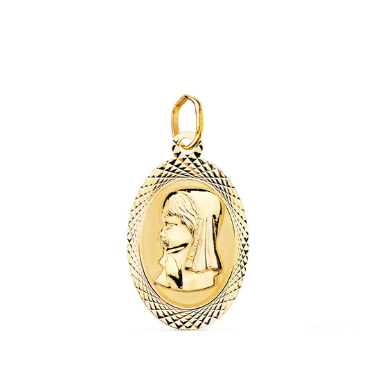 Medalla Virgen Niña Oval Tallada Brillo y Mate 18 x 12 mm de oro amarillo 18K