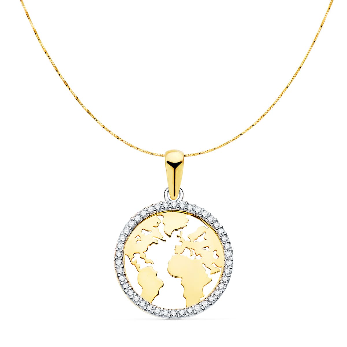 18K COLGANTE MAPAMUNDI ORO BICOLOR BOLA MUNDO CON CIRCONITA 16 MM CAD. VENECIANA 42+3 CM