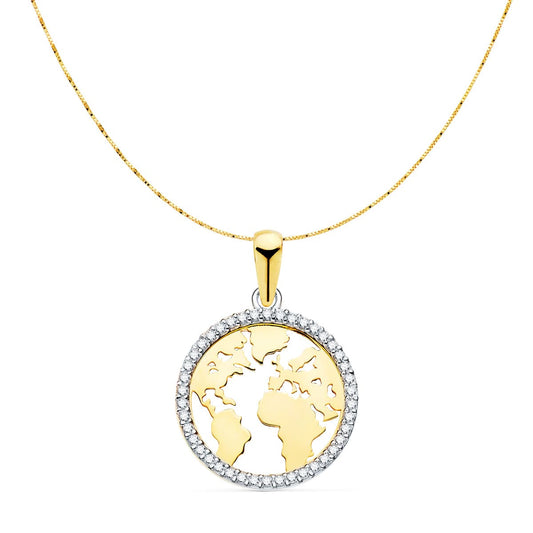 18K COLGANTE MAPAMUNDI ORO BICOLOR BOLA MUNDO CON CIRCONITA 16 MM CAD. VENECIANA 42+3 CM