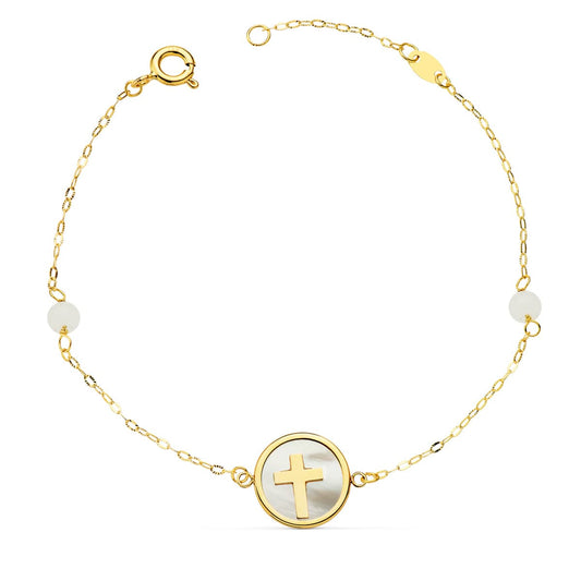 18K PULSERA ORO AMARILLO NACAR CON CRUZ 12 MM Y BOLAS JADE 4 MM CADENA 18 2.5 CM