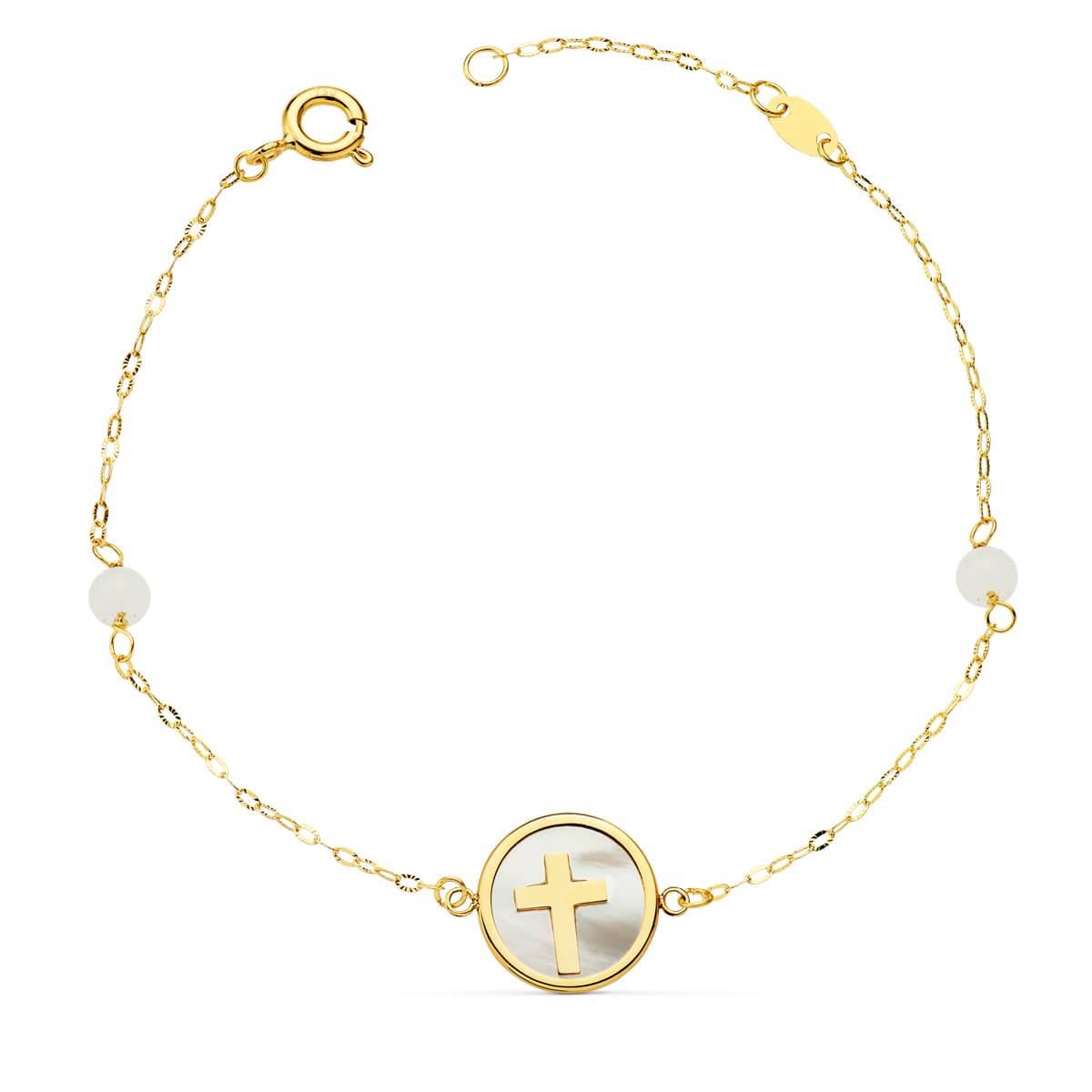 Pulsera Nacar con Cruz 12 mm y Bolas Jade 4 mm Cadena 18 2,5 cm de oro amarillo 18K