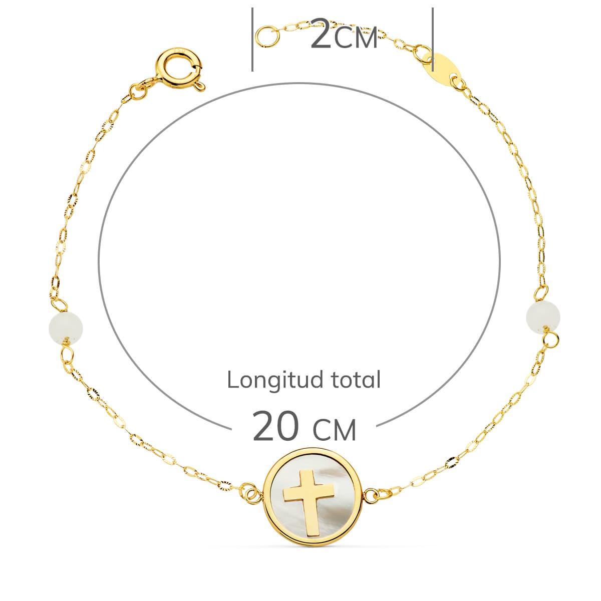 Pulsera Nacar con Cruz 12 mm y Bolas Jade 4 mm Cadena 18 2,5 cm de oro amarillo 18K
