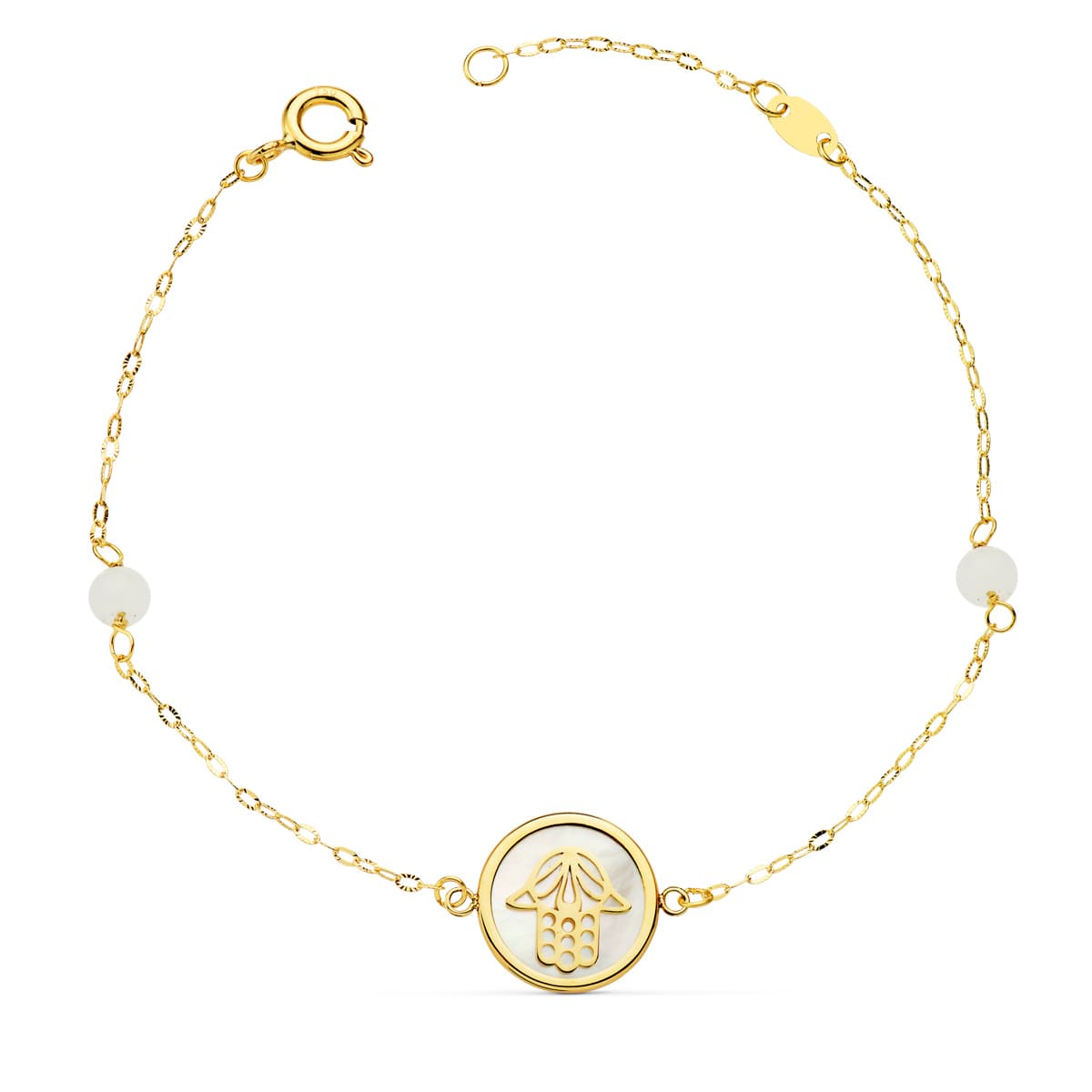 Pulsera Nacar con Mano de Fatima 12 mm y Bolas Jade 4 mm Cadena 18 2,5 cm de oro amarillo 18K