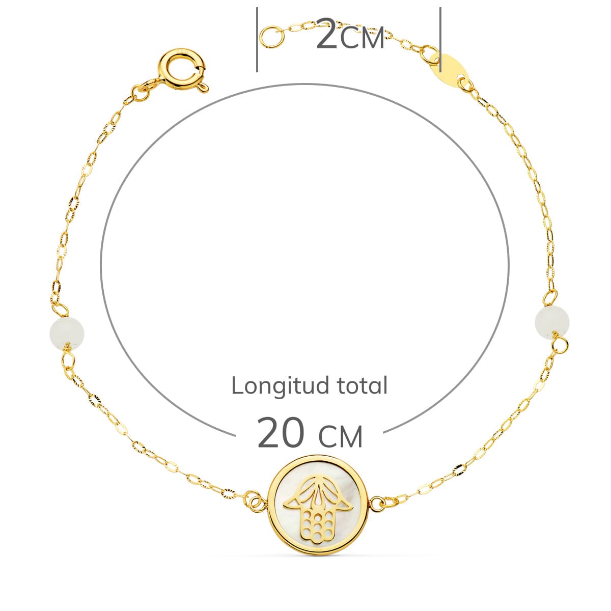 Pulsera Nacar con Mano de Fatima 12 mm y Bolas Jade 4 mm Cadena 18 2,5 cm de oro amarillo 18K