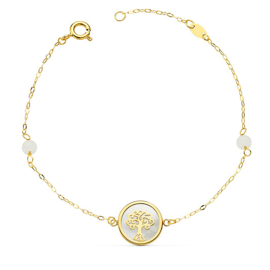 18K PULSERA ORO AMARILLO NACAR CON AMULETO ARBOL DE LA VIDA 12 MM Y BOLAS JADE 4 MM CADENA 18 2.5 CM
