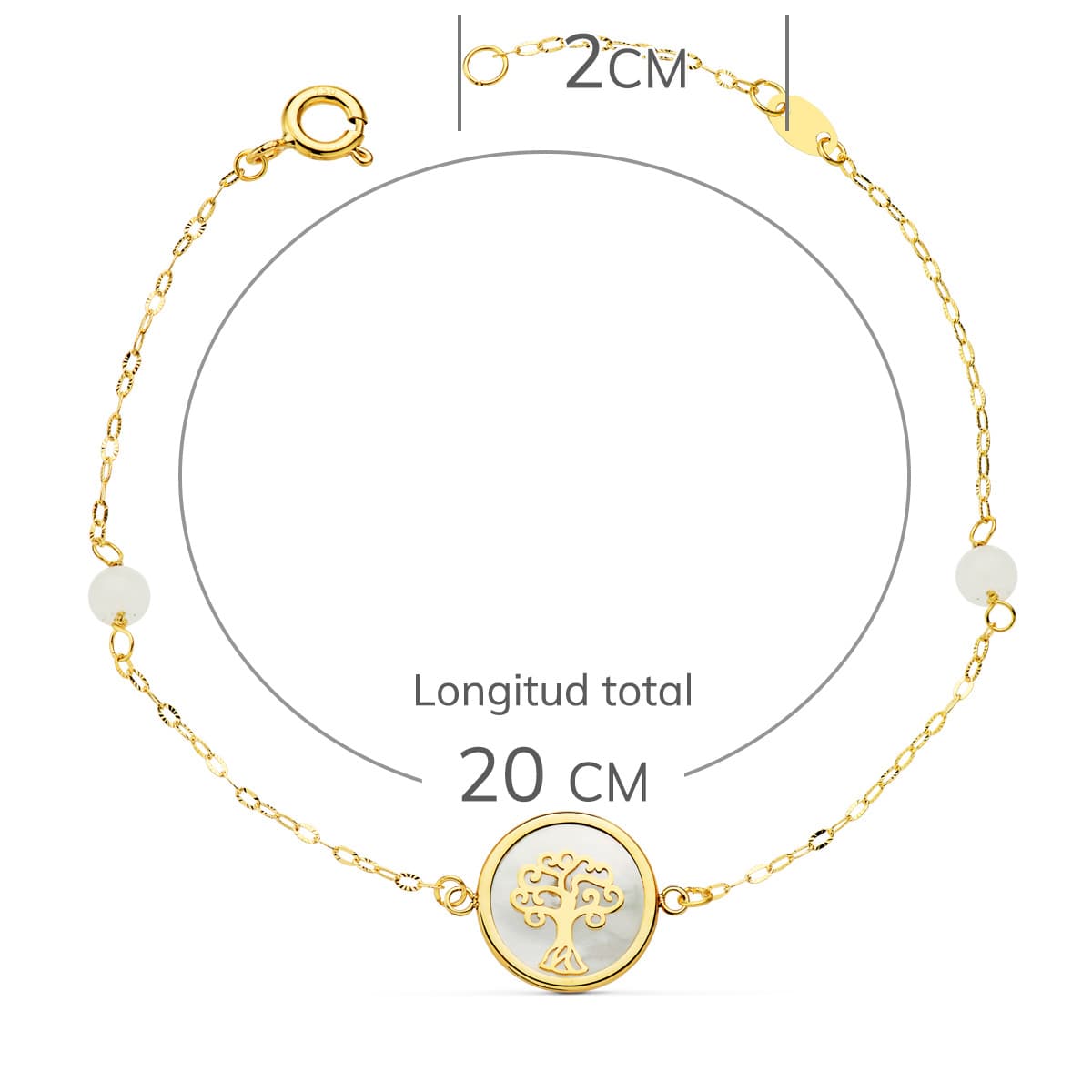 Pulsera Nacar con Amuleto Arbol de la Vida 12 mm y Bolas Jade 4 mm Cadena 18 2,5 cm de oro amarillo 18K