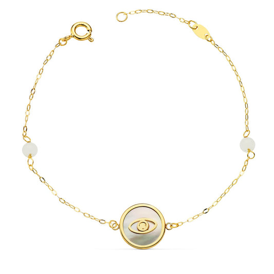 Pulsera Nacar con Amuleto Ojo Turco 12 mm y Bolas Jade 4 mm Cadena 18 2,5 cm de oro amarillo 18K