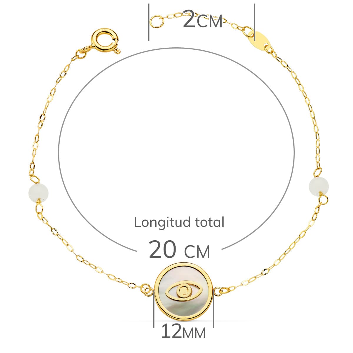 Pulsera Nacar con Amuleto Ojo Turco 12 mm y Bolas Jade 4 mm Cadena 18 2,5 cm de oro amarillo 18K