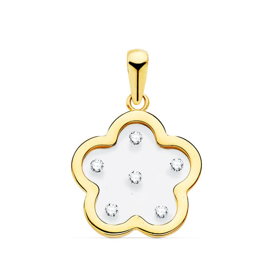 18K COLGANTE AMULETO ORO AMARILLO FLOR AIRSHINE TRANSPARENTE CON CIRCONITA 14X14 MM