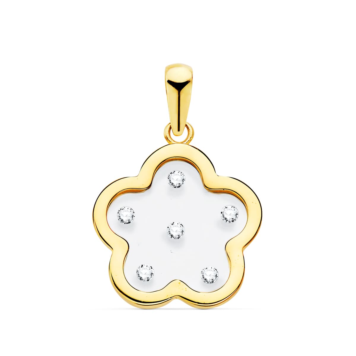 18K COLGANTE ORO AMARILLO FLOR AIRSHINE TRANSPARENTE CON CIRCONITA 14X14 MM