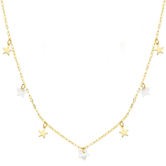 18K GARGANTILLA ORO AMARILLO ESTRELLAS LISAS Y NACAR 5.5 MM CADENA FORZADA 45CM