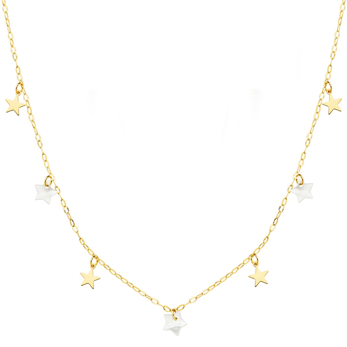 18K GARGANTILLA ORO AMARILLO ESTRELLAS LISAS Y NACAR 5.5 MM CADENA FORZADA 45CM
