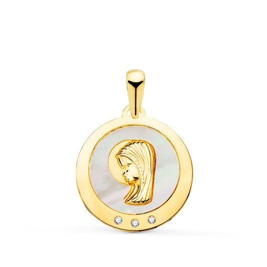 Medalla Virgen Niña con Nacar y Circonita 14 mm de oro amarillo 18K