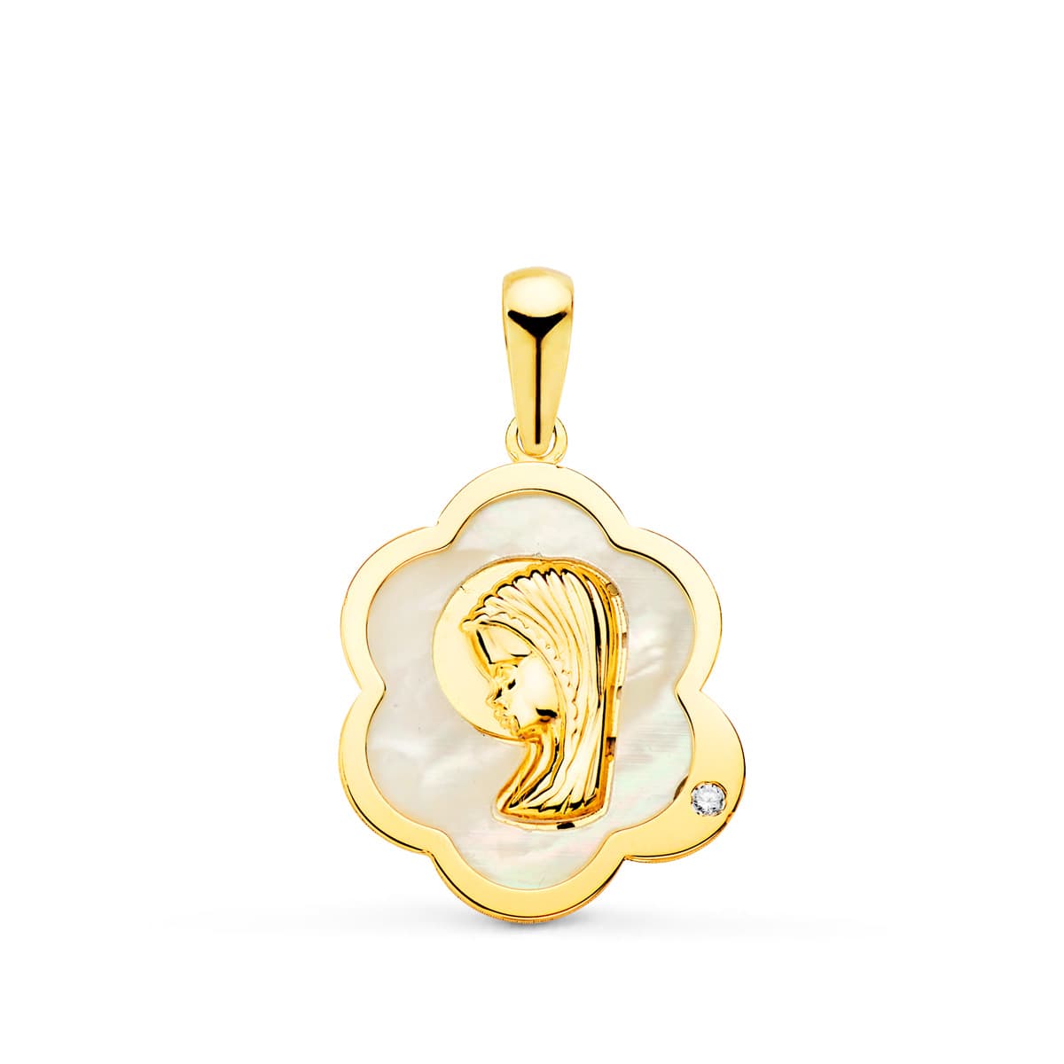 Medalla Virgen Niña Nube con Nacar y Circonita 15 x 12 mm de oro amarillo 18K