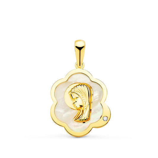 Medalla Virgen Niña Nube con Nacar y Circonita 15 x 12 mm de oro amarillo 18K