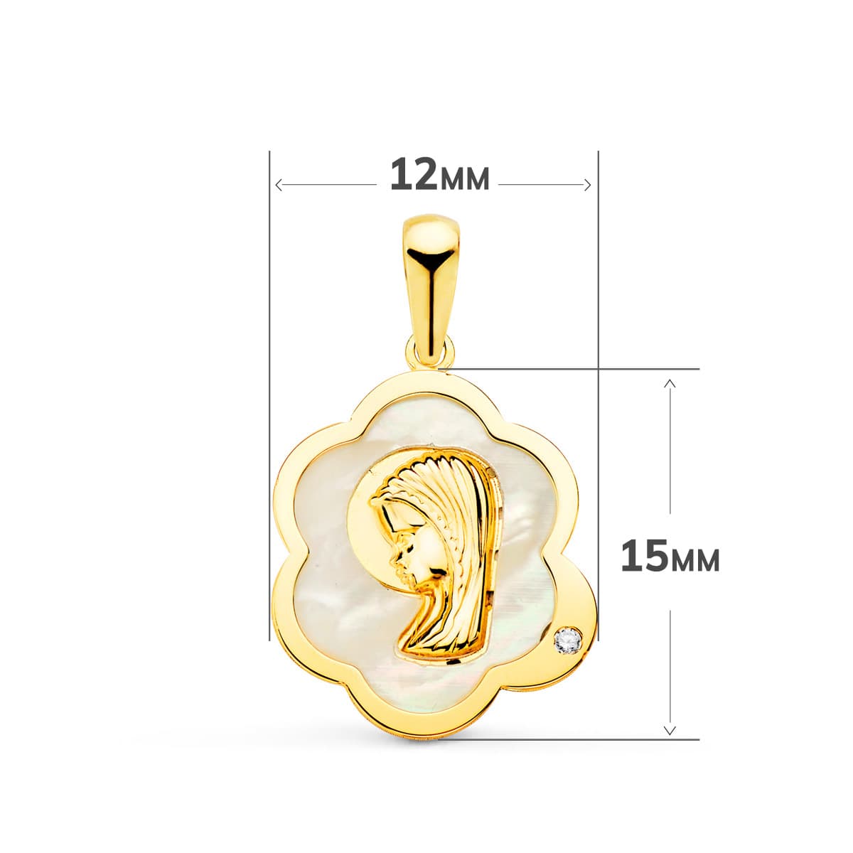 Medalla Virgen Niña Nube con Nacar y Circonita 15 x 12 mm de oro amarillo 18K