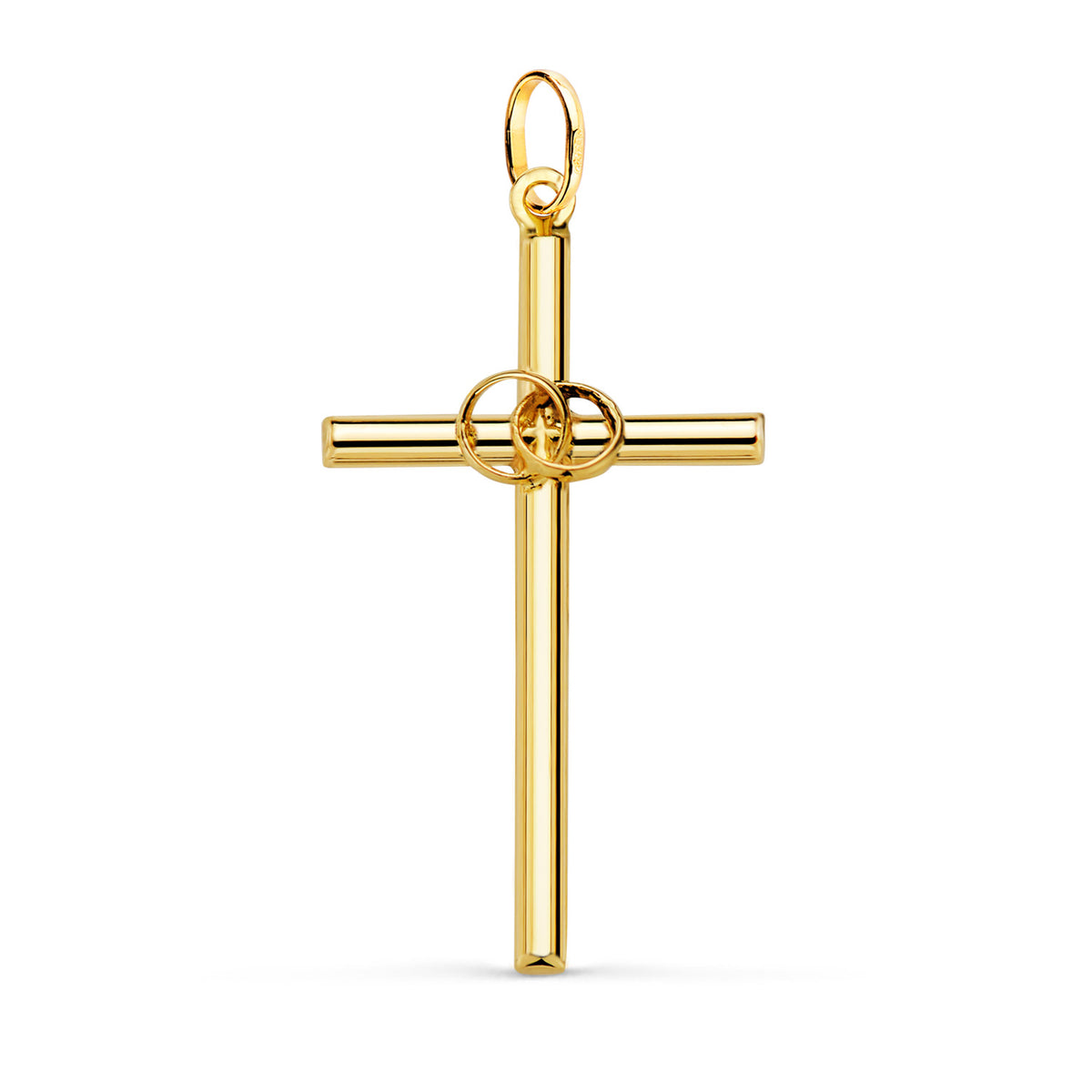 Cruz Hueca Palo Liso con Alianzas. Medida: 31 x 16,5 mm. Grosor: 2 mm de oro amarillo 18K